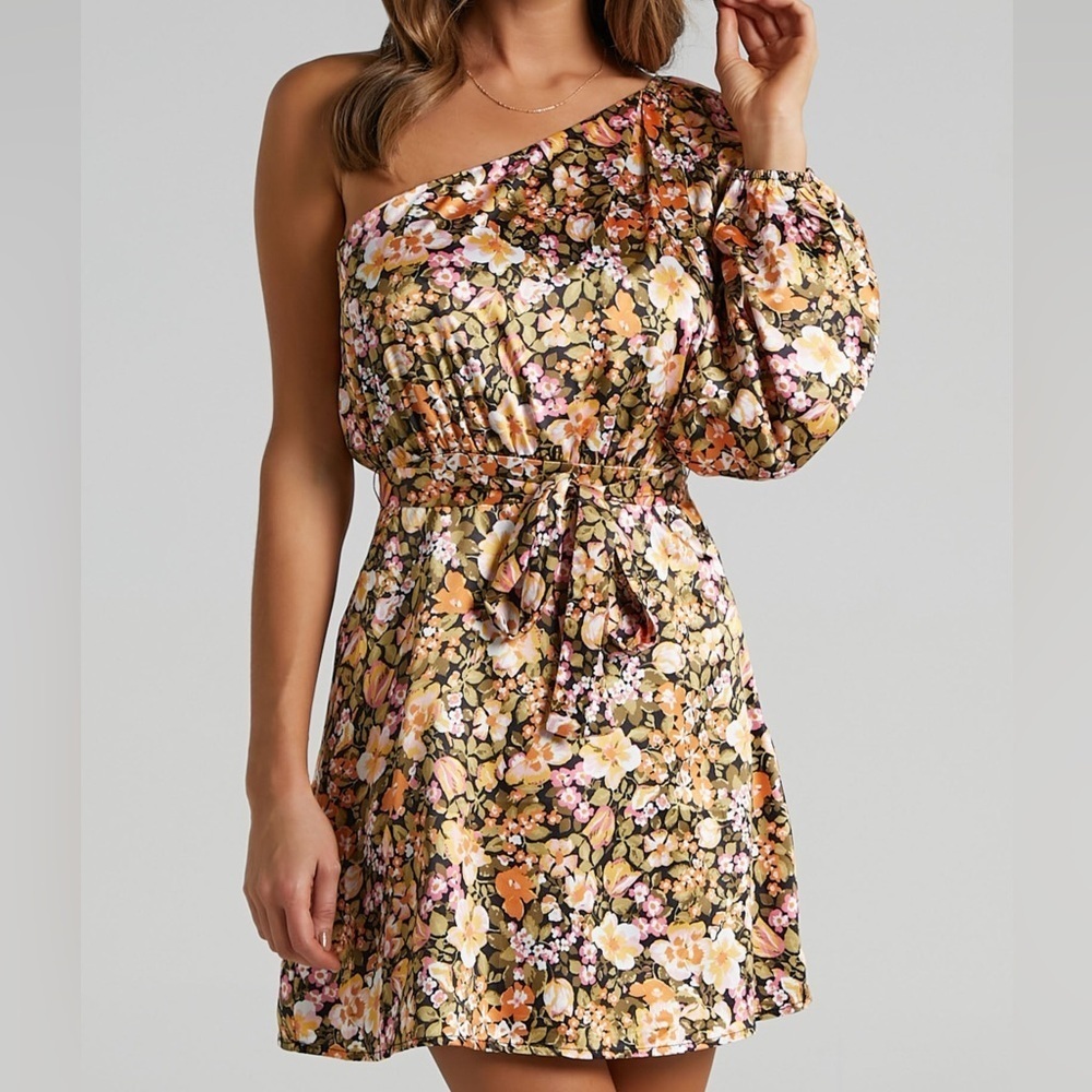 Showpo Odo One Shoulder Mini Dress Black Floral